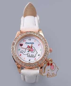 Pine Kids Free Size Analog Watch With Elephant Applique - White