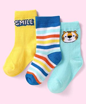 Cute Walk By Babyhug Knit Anti-Bacterial Ankle Length Socks With Text & Tiger Design Pack of 3 - Yellow & Blue
