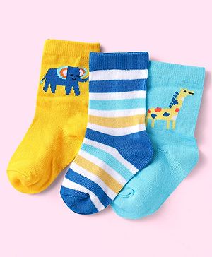 Cute Walk By Babyhug Anti-Bacterial Ankle Length Socks With Animal Design Pack of 3 - Yellow & Blue
