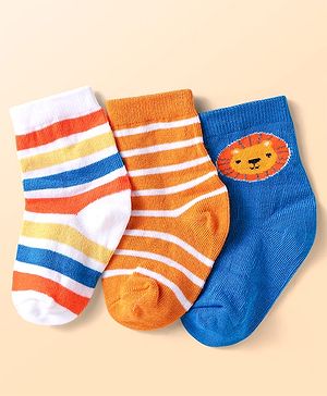 Cute Walk by Babyhug Knit Ankle Length Antibacterial Socks with Lion Floral Design & Stripes Pack of 3 - Blue White & Orange