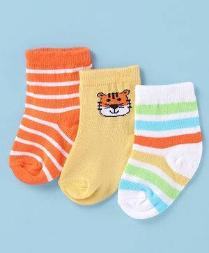 Cute Walk by Babyhug Antibacterial Ankle Length Socks With Striped & Tiger Print - Orange White & Yellow