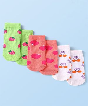 Cute Walk by Babyhug Knit Ankle Length Antibacterial Socks with Fruits Design Pack of 3 - Light Green Coral & White