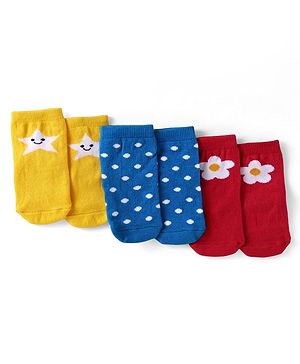 Cute Walk by Babyhug Knit Ankle Length Antibacterial Socks with Star Polka Dots & Floral Design Pack of 3 - Yellow Blue & Red