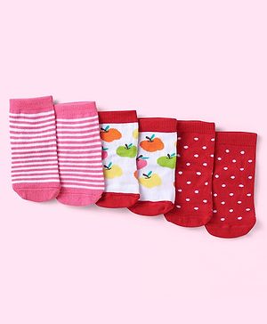 Cute Walk By Babyhug Knit Anti- Bacterial Ankle Length Striped Socks With Fruit & Polka Dot Design Pack of 3 - Red White & Pink