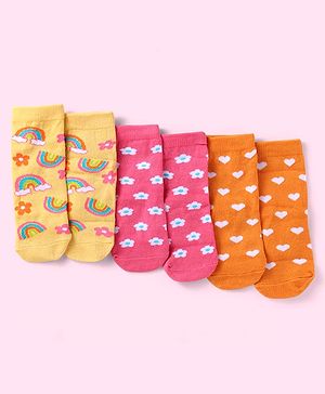 Cute Walk By Babyhug Anti- Bacterial Ankle Length Socks With Floral & Heart Design Pack of 3 - Dark Pink Orange & Yellow