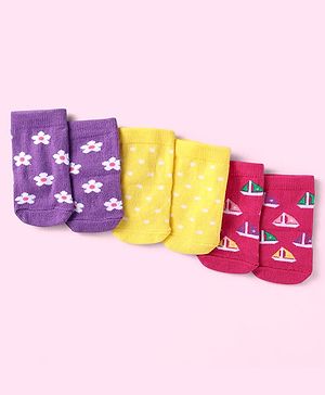Cute Walk By Babyhug Anti-Bacterial Ankle Length Socks With Floral & Polka Dot Design Pack of 3 - Purple Yellow & Dark Pink