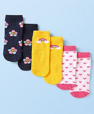 Cute Walk by Babyhug Knit Ankle Length Antibacterial Socks with Floral Rainbow & Hearts Design Pack of 3 - Black Yellow & White