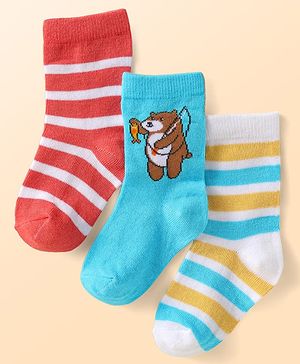 Cute Walk by Babyhug Knit Ankle Length Antibacterial Socks with Stripes & Bear Design Pack of 3 - White Blue & Red
