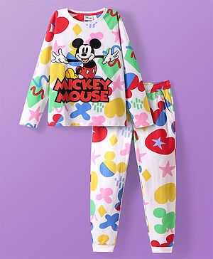 Pine Kids Disney Single Jersey Full Drop Shoulder Sleeves Night Suit with Mickey Mouse Graphic - White & Red