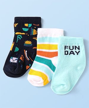 Cute Walk by Babyhug Knit Ankle Length Antibacterial Socks with Stripes & Text Design Pack of 3 - Black Light Blue & White