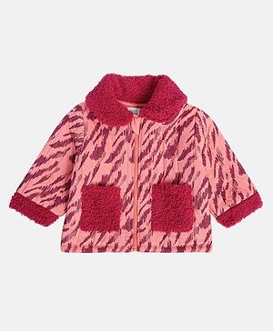 MINI KLUB Cotton Knit Full Sleeves Abstract Printed Textured Pocket Detailed Jacket - Coral