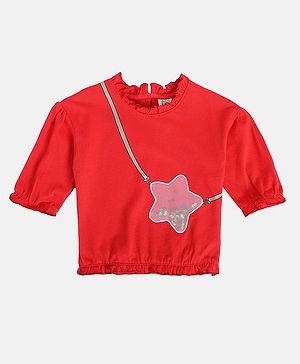 MINI KLUB Cotton Full Sleeves Star Patch Detailed & Sequin Embellished Top - Red