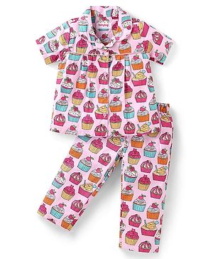Babyhug Cotton Knit Half Sleeves Front Open Night Suit with Ice Cream Print - Pink