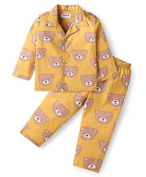 Babyhug Cotton Knit Full Sleeves Night Suit With Teddy Bear Print - Yellow