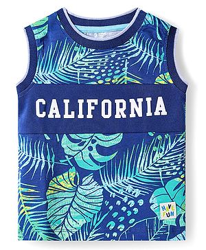 Babyhug Cotton Knit Sleeveless Tank T-Shirt With Tropical & California Text Print - Navy Blue