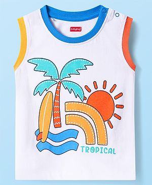 Babyhug Cotton Knit Sleeveless Tank T-Shirt with Beach Theme Print - White