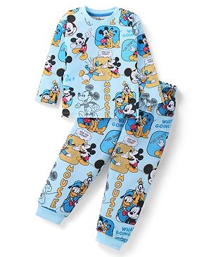 Babyhug Disney Single Jersey Knit Full Sleeves Night Suit with Mickey Mouse & Friends Graphics - Light Blue