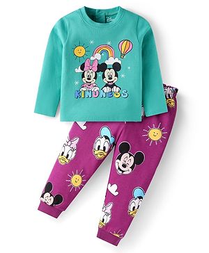 Babyhug Disney Single Jersey Knit Full Sleeves Night Suit With Minnie & Mickey Graphics - Multicolor