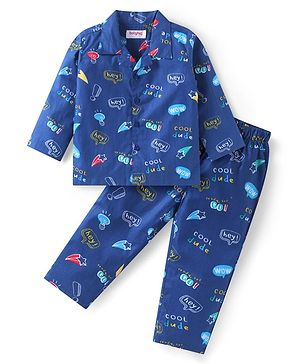 Babyhug Cotton Woven Full Sleeves Co-ords Night Suit with Text Print - Navy Blue
