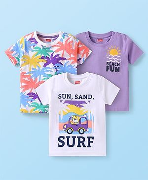Babyhug Cotton Knit Half Sleeves T-Shirts with Beach Theme Print Pack of 3 - White & Purple