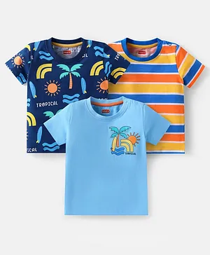 Babyhug Cotton Knit Half Sleeves T-Shirts with Beach Theme Print & Stripes Pack of 3 - Multicolor