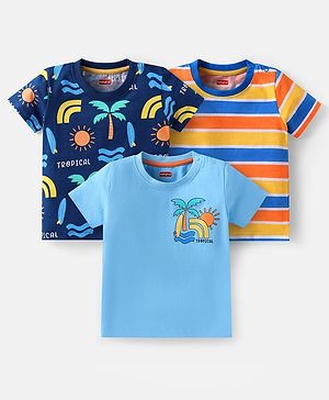 Babyhug Cotton Knit Half Sleeves T-Shirts with Beach Theme Print & Stripes Pack of 3 - Multicolor