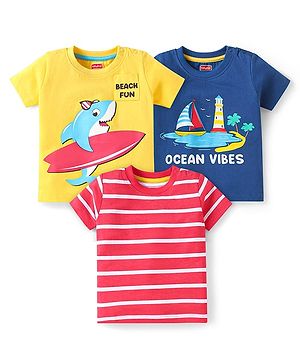 Babyhug Cotton Knit Half Sleeves T-Shirt with Beach Theme Print & Stripes Pack 3 - Navy Blue Yellow & Red