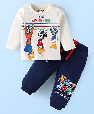 Babyhug Disney Single Jersey Knit Full Sleeves T-Shirt & Track Pant Set with Mickey Mouse Graphics - White & Navy Blue