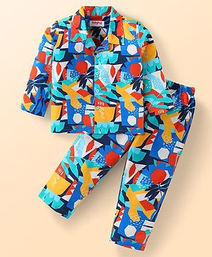Babyhug Cotton Woven Full Sleeves Night Suit With Abstract Print - Blue & Red