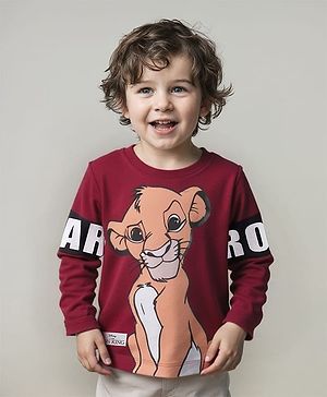Babyhug Disney Single Jersey Knit Full Sleeves T-Shirt With Simba Graphic & Badge Detailing - Maroon