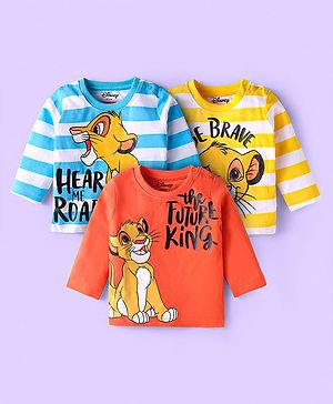 Babyhug Disney Single Jersey  Knit Full Sleeves T-Shirts with Simba Graphics & Stripes Pack of 3 - Dark Orange & White