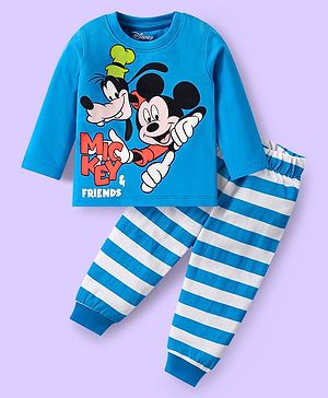 Babyhug Disney Single Jersey Knit Full Sleeves Night Suit Set With Mickey & Friends Graphic & Stripes - Blue