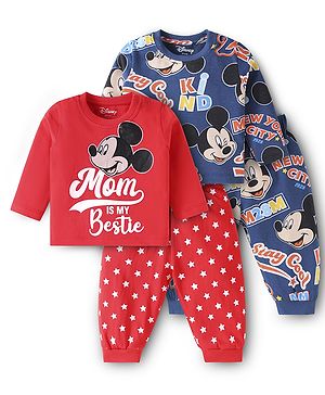 Babyhug Disney Single Jersey Knit Full Sleeves Night Suit with Mickey Mouse & Friends Graphics Pack of 2 - Red & Navy Blue