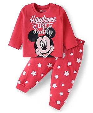 Babyhug Disney Single Jersey Knit Full Sleeves Night Suit Set With Mickey Mouse Graphic - Red