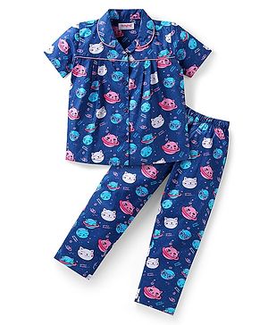 Babyhug Cotton Woven Half Sleeves Night Suit with Kitty Print - Navy Blue