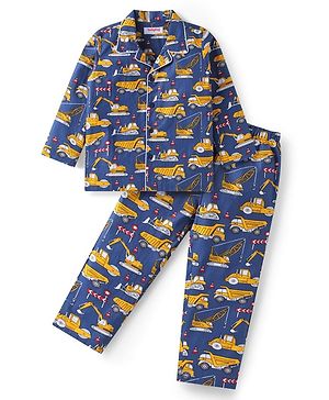 Babyhug Cotton Knit Full Sleeves Front Open Night Suit with Vehicle Print - Navy Blue