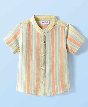 Babyhug Cotton Knit Half Sleeves Mandarin Collar Stripe Shirt - Yellow