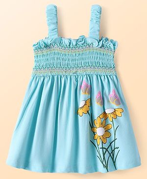 Babyhug Single Jersey Knit Sleeveless Frock with Smock Detailing & Floral Print - Light Blue