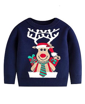 Little Surprise Box Christmas Theme Cotton Knitted Full Sleeves Reindeer Designed Cardigan - Navy Blue