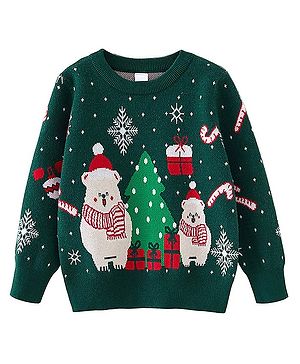 Little Surprise Box Christmas Theme Cotton Knitted Full Sleeves Polar Bears Designed Cardigan - Green