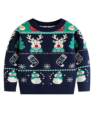 Little Surprise Box Christmas Theme Cotton Knitted Full Sleeves Reindeer Designed Cardigan - Navy Blue