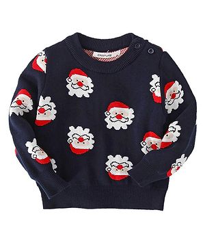 Little Surprise Box Christmas Theme Cotton Knitted Full Sleeves Santa Claus Designed Cardigan - Navy Blue