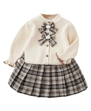 Little Surprise Box Cotton Full Puffed Sleeves Solid Cardigan & Checked Skirt With Hair Clips Set - Cream