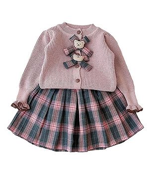 Little Surprise Box Cotton Full Puffed Sleeves Solid Cardigan & Checked Skirt With Hair Clips Set - Pink