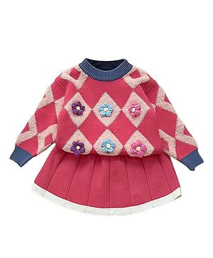 Little Surprise Box Cotton Full Sleeves Floral Embroidered & Geometric Designed Cardigan & Skirt Set - Pink