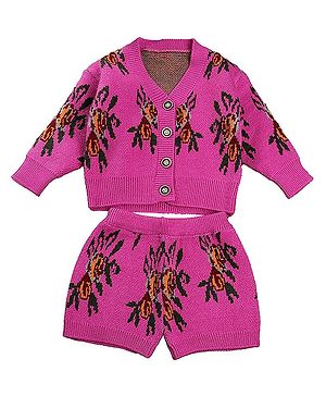 Little Surprise Box Cotton Knitted Full Sleeves Floral Designed Cardigan & Shorts Set - Magenta