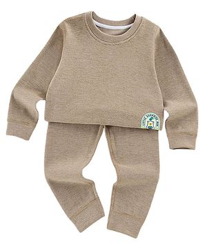 Little Surprise Box Cotton Full Sleeves Logo Patch Detailed Thermal Wear Set - Brown