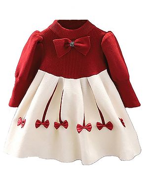 Little Surprise Box Cotton Full Sleeves Bow Appliques Detailed Knitted Winter Wear Dress - Maroon