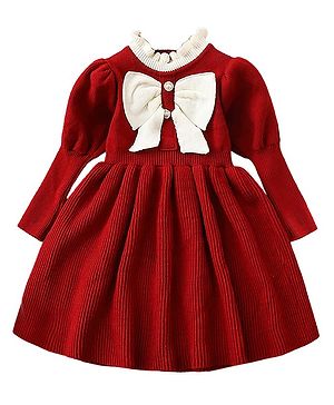 Little Surprise Box Cotton Full Sleeves Bow Applique Detailed Knitted Winter Wear Dress - Maroon