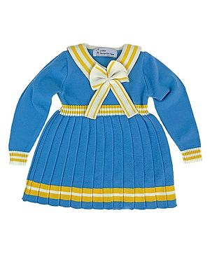 Little Surprise Box Cotton Full Sleeves Bow Applique Detailed Knitted Winter Wear Dress - Blue